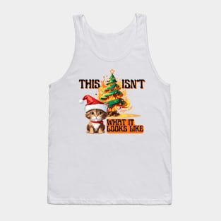 Funny Christmas Cat with Santa Hat Sitting in Front of Burning Tree Tank Top